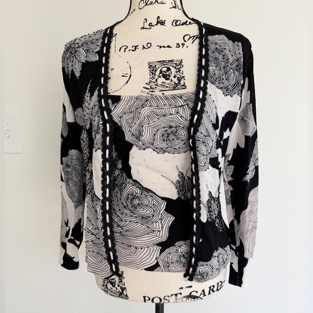 Alberto Makali Monochrome Floral Open Cardigan &‎ Tank Top Set Sz M Romantic - Picture 2 of 16